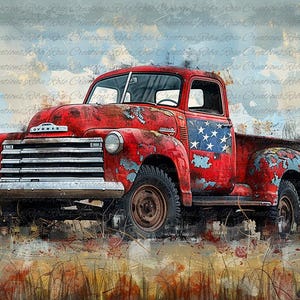 May include: A vintage red Chevrolet pickup truck with an American flag design on the door. The truck shows signs of wear and tear, with peeling paint. The background features a watercolor-style landscape with tall grass.