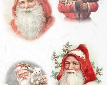 May include: Four vintage illustrations of Santa Claus. Each image features a different pose of Santa, with a red suit, white beard, and a white hat. The images are printed on a white background.