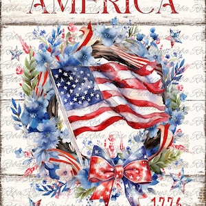 May include: A watercolor painting of a patriotic wreath with a red, white, and blue American flag, blue flowers, and a red, white, and blue bow. The text "God Bless America" and "1776 Land That I Love" is written on the white background.