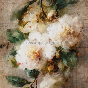 Reina del decoupage, Camelia, Peonías, Flores, Pintura vintage, Papel de arroz, DQRP 554, A4 - 21,5 x 29,5 cm. Papel de arroz para decoupage.