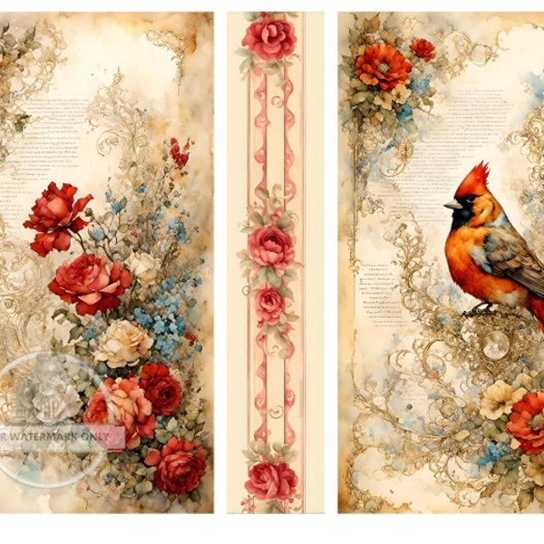 Decoupage Central, Christmas, Cardinal, Vintage Style, Flowers, DC350, Rice Paper, Decoupage, Mixed Media, A4 8.27x11.69