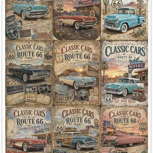 May include: A sheet of nine decorative paper panels featuring vintage classic cars and Route 66 imagery. Each panel displays various automobiles, desert landscapes, diners, and motels with text including Classic Cars of Route 66 and Get Your Kicks.