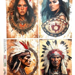 Könnte beinhalten: Satz von vier Decoupage-Papierbögen mit Porträts von amerikanischen Ureinwohnern. Jedes Porträt zeigt detaillierte Gesichtszüge, traditionelle Kopfbedeckungen und Stammesverzierungen. Das Papier ist 22,5 x 32 cm groß.