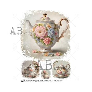 AB Studio, papier de riz, découpage, style vintage, théière florale, antique, style shabby chic, 5034, A4 8,27 x 11,69, techniques mixtes, découpage