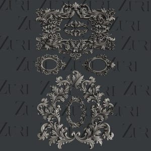 May include: A collection of ornate, silver-colored decorative frames and embellishments. The designs include rectangular, oval, and floral shapes, with intricate detailing. The background is a dark gray color, and the word "ZURI" is repeated.