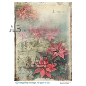 AB Studio, Papel de Arroz, Milky Valley, Vintage, Navidad, Flor de Pascua, Fondo, Papel Tapiz, A4 8,27 x 11,69, Técnica Mixta, Decoupage, ID-765