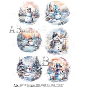 AB Studio, Rice Paper, Decoupage, Christmas, Snowman, Winter, Forest, Rounds, Ornament, Scenes, 2118, A4, 8.27 X 11.69 in