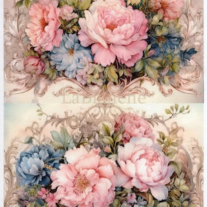 LaBlanche, édition hiver 2024, papier de riz, style vintage, roses roses, fleurs fantaisie, shabby chic, LBD386, A4 8,27 x 11,69 pouces