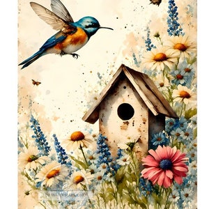 Decoupage central, papier de riz, colibri, maison d'oiseau, printemps, fleurs, aquarelle, shabby chic, DC411, techniques mixtes, A4 8,27 x 11,69
