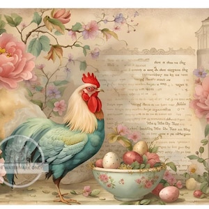 Décoration centrale, coloré, coqs, champêtre, ufs de Pâques, shabby chic, DC308, papier de riz, technique de découpage, techniques mixtes, A4 - 8,27 X 11,69 pouces