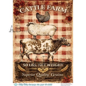 May include: A rectangular sign featuring a red and white checkered background with a chicken, a sheep, and a cow stacked vertically. The text reads CATTLE FARM, 50 LBS. NET WEIGHT, and Superior Quality Grains, decorated with red roses and wheat stalks.