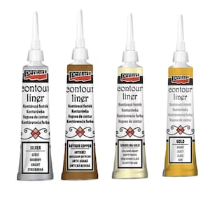May include: Four tubes of Pentart Contour Liner paint in silver, antique copper, sparkling gold, and gold. The tubes are labeled with the color name and have a variety of language translations.