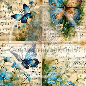 Décoration centrale, Papier de riz, Papillons, Notes de musique, campagne, shabby chic, carrés, DC683, technique de découpage, techniques mixtes, A4 8,27 x 11,69 pouces