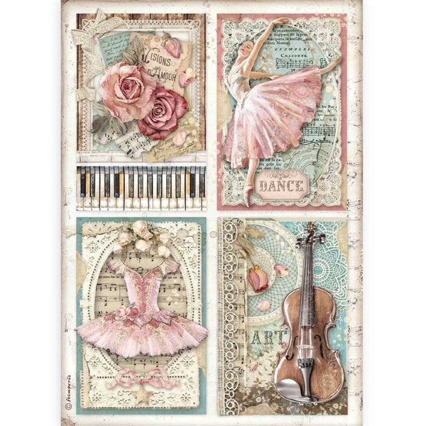 Stamperia  A4 Rice paper , Decoupage, Mixed Media, Passion cards Ballerina, Roses, Music 8.3" X 11.7" DFSA4542, Imported