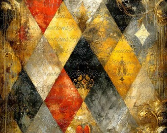Reba Rose Rice Paper for Decoupage, Marigold Masquerade, Harlequin Pattern, Fall Colors, Mixed Media, A4, 8.27 X 11.6