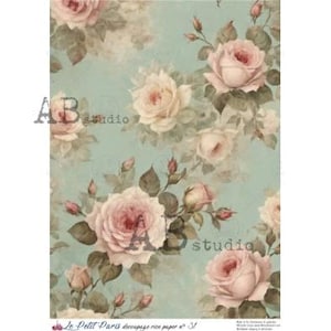 AB Studio, La Petit Paris, papier de riz, roses roses, bleu, shabby chic, arrière-plan, papier peint, découpage, technique mixte, A4 8,27 x 11,69