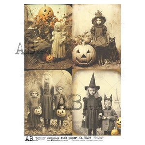 May include: A collage of four vintage-style sepia-toned photographs featuring children in costumes with pumpkins and a black cat. The images include text overlays reading AB studio, Be creative every day, and Decoupage rice paper No. 5629.