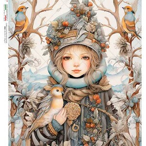 Diseños de papel, lanzamiento de 2023, invierno, niña, bosque, amigos, estilo shabby chic, papel de arroz, decoupage, técnica mixta, 0154, A4 8,3" x 11,7"