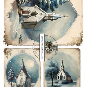 Decoupage Central, Noël, chapelle, église, hiver, neige, style shabby chic, DC136, papier de riz, découpage, techniques mixtes, A4 8,2 x 11,6