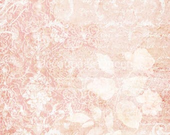 May include: A vintage-style digital paper with a textured, pinkish-peach background. Delicate white floral and lace patterns overlay the surface, with faded script text adding to the antique aesthetic. Soft, light-colored roses are visible.