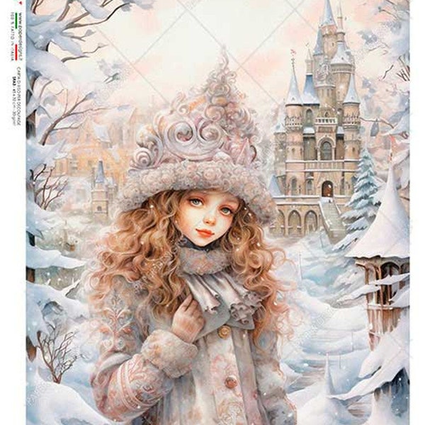 Paper Designs, 2023 Release, Winter, Girl, Wonderland, Shabby Chic, Princess, Rice Paper, Decoupage, Mixed  Media, 0156, A4 8.3" X 11.7