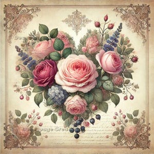 Objets créatifs pour découpage, papier de riz, techniques mixtes, fleur, coeur victorien, Saint-Valentin, shabby chic, fleurs, roses, A4 8,27 x 11,69, DPD-721