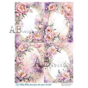 AB Studio, Milky Valley, papier de riz, rose, roses, fleurs, cadres, carrés, shabby chic, découpage, techniques mixtes, A4 8,27 x 11,69, ID-615