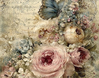 Reba Rose Rice Paper for Decoupage, Colorful Butterfly, Garden, Pink Roses, Florals, Mixed Media, A4, 8.27 X 11.6