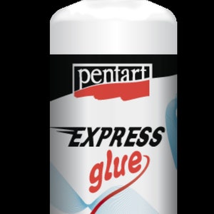May include: A white bottle of Pentart Express Glue with a white cap. The label features the brand name in red and black, the words "EXPRESS glue" in a stylized font, and an orange arrow. The bottle contains 80 ml of glue.