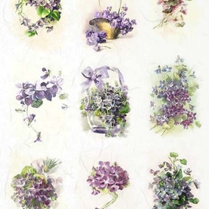 ITD Collection, Rice Paper, Decoupage,  R1981 A4 - 8.27x11.7 , spring flowers, violets, bouquets, purple, baskets Mixed Media