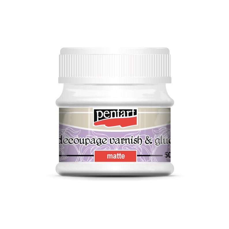 May include: A white jar with a red label that says "pentart" and " decoupage varnish & glue matte".