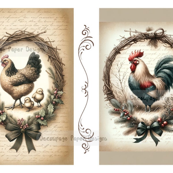 Decoupage Creatives, Rice Paper, Chicken, Rooster, Wreaths, Cards, Squares, Mixed Media, Country, Christmas, A4 8.27 X 11.69, DPD-174