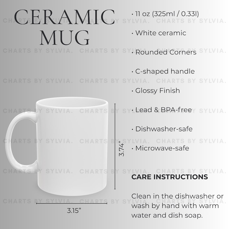 May include: A white ceramic mug with a C-shaped handle and glossy finish. The mug is 3.74 inches tall and 3.15 inches wide, with rounded corners. The mug is dishwasher and microwave safe.