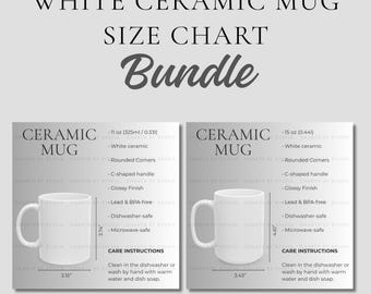 White Ceramic Mug Size Chart Bundle, 11oz & 15oz Mug Size Chart, Mug Size Guide Bundle  for POD Sellers, White Mug Measurements