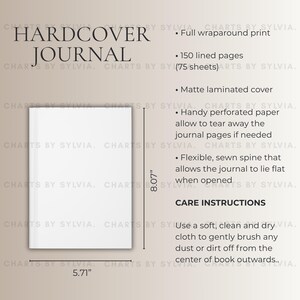 May include: A white hardcover journal with the text "HARDCOVER JOURNAL." The journal measures 14.5 cm wide and 20.5 cm tall. Features include 150 lined pages, a matte laminated cover, and a flexible sewn spine.