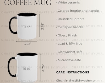 Black Accent Coffee Mug Size Chart, 11 oz & 15 oz Accent Mug Mockup, 11 oz, 15 oz Two Tone Mug Size Chart, Printify Accent Mug Dimensions