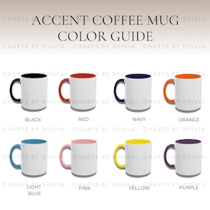 Pode incluir: Guia de cores para canecas de café com detalhes. A imagem mostra oito canecas brancas com interiores e alças de cores diferentes. As cores incluem preto, vermelho, azul marinho, laranja, azul claro, rosa, amarelo e roxo. O texto "ACCENT COFFEE MUG COLOR GUIDE" está no topo.