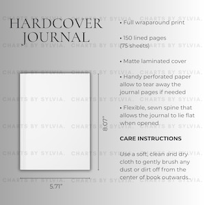 May include: A white hardcover journal with the text "HARDCOVER JOURNAL". The journal measures 14.5 cm wide and 20.5 cm tall. Features include 150 lined pages, a matte laminated cover, and a flexible sewn spine.