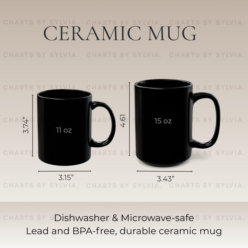 May include: Two black ceramic mugs with handles. The smaller mug is 3.74 inches tall and 3.15 inches wide, holding 11 oz. The larger mug is 4.61 inches tall and 3.43 inches wide, holding 15 oz. Text on the image reads "CERAMIC MUG".
