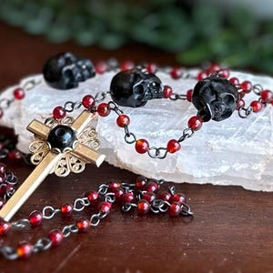 La Mort | Memento Mori Rosary Red Glass, Carved Horn Skull, & Vintage Crucifix
