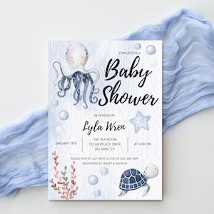 Under The Sea Baby Shower Invitation 5x7&quot;, Editable Digital Download, Ocean, Beach, Nautical, Gender Neutral, Watercolor Octopus Turtle