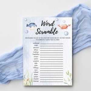 Under The Sea Baby Shower Word Scramble, Instant Download, 5x7&quot; Printable Game, Gender Neutral, Nautical Ocean Beach, Blue White