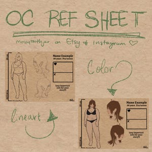 Puede incluir: Una hoja de referencia OC de papel marrón con texto e ilustraciones verdes escritas a mano. La hoja incluye secciones para el diseño de personajes, incluyendo un boceto de cuerpo completo, retratos y una sección de paleta de colores.