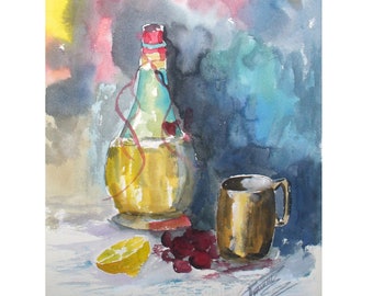 Still life Watercolour vintage Painting Impressionist Style bottle and fruit Signed