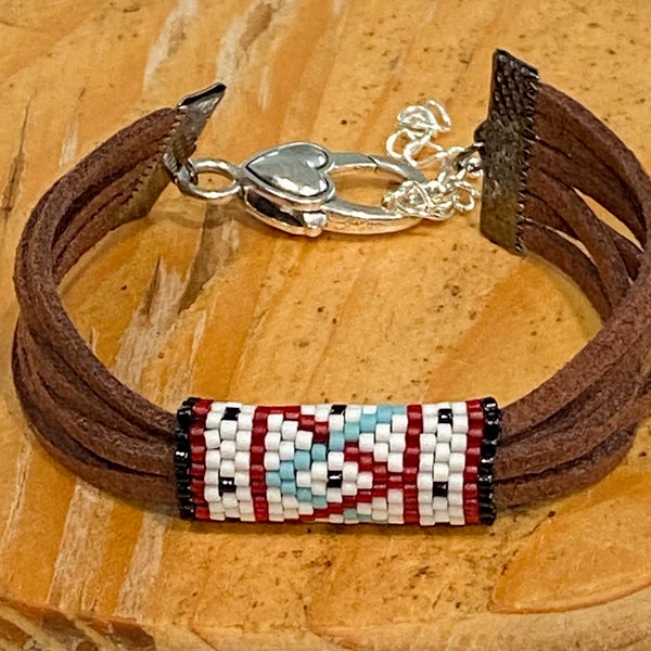 Multi-Strand Vegan Brown Suede Leather Strap Bracelet Peyote Hand Stitched Bead Bracelet Metal Heart Clasp Handmade Gift for Her