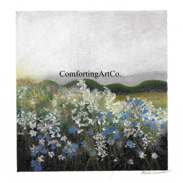Blue Meadow Landscape, Soft Pastel on paper, Blue floral landscape, Blue spring field, digital file, digital print