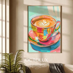 Colorful Latte Art Print: Modern Coffee Cup Painting (Digital Download)