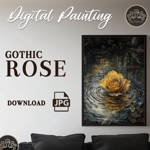 Golden Gothic Rose Print Dark Academia Black Rose Victorian Gothic Home Decor Digital Download Gothic Wedding Gift for Her Dark Aesthetic
