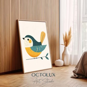 Impresión minimalista moderna de pájaros: arte de pared escandinavo para guardería, linda ilustración de animales del bosque y decoración del hogar inspirada en la naturaleza