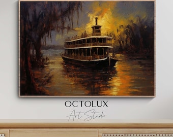 New Orleans Steamboat Print: Louisiana Bayou Riverboat, NOLA Sunset (Digital Download)